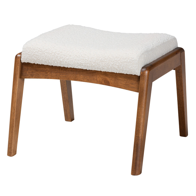 Xyro Tid-Century Todern Off-Boucle Upholstered Ottoman Footstool | Off-White/Walnut Brown