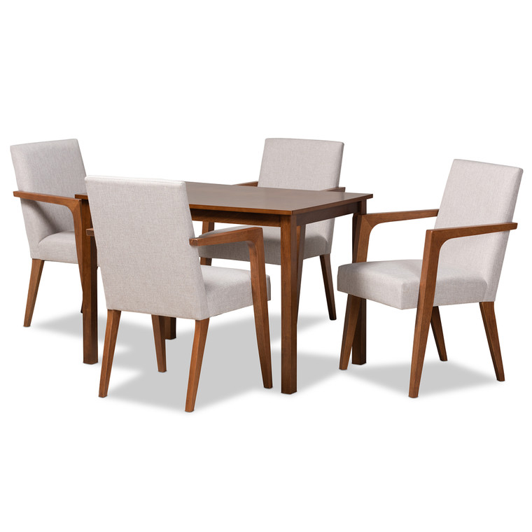 Tessa Tid-Century Todern Fabric Upholstered 5-Piece Dining Set | Greyish Beige/Walnut Brown