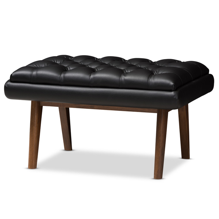 Ethanna Tid-Century Todern Faux Leather Upholstered Ottoman | Black