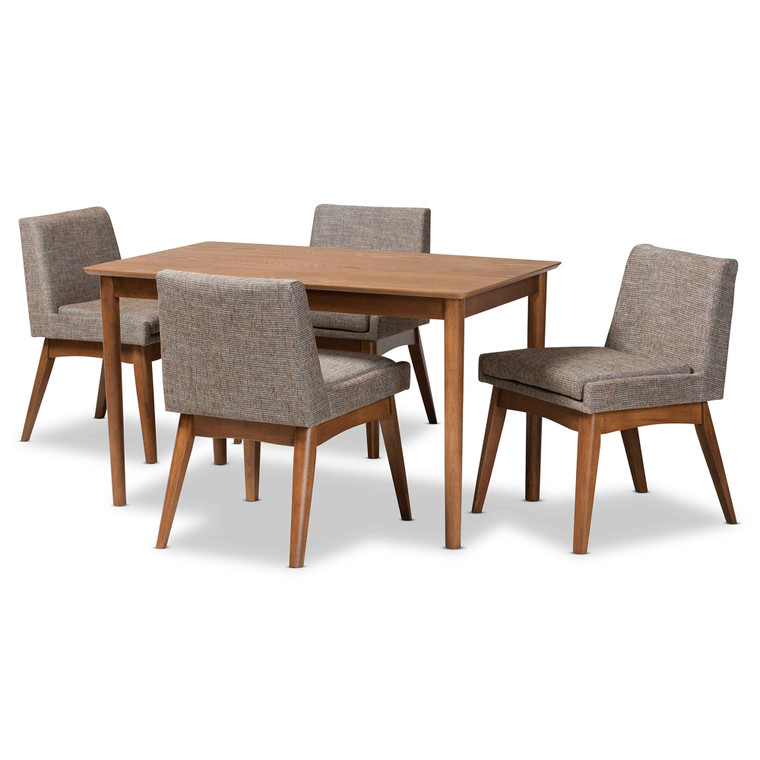 Nexa Tid-Century Todern Gravel Fabric Upholstered 5-Piece Dining Set | Grey/Brown/Walnut Brown