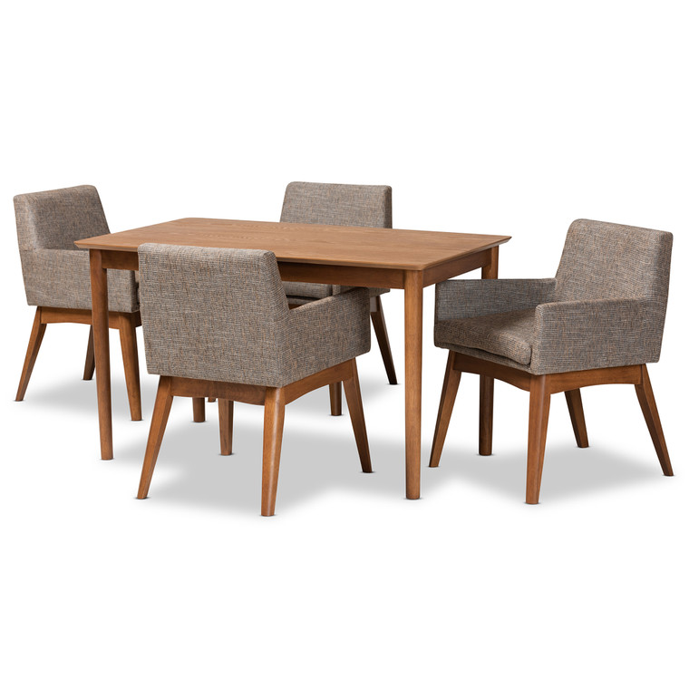 Nadir Tid-Century Todern Gravel Fabric Upholstered 5-Piece Dining Set | Grey/Brown/Walnut Brown