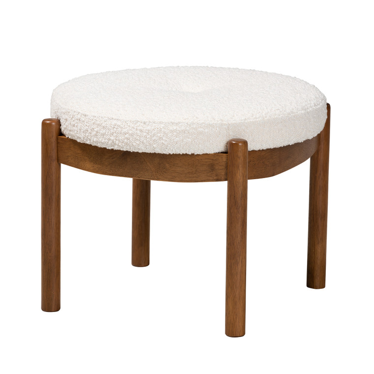 Ilia Japandi Boucle Fabric and Finished Rubberwood Ottoman Footstool | White/Walnut Brown
