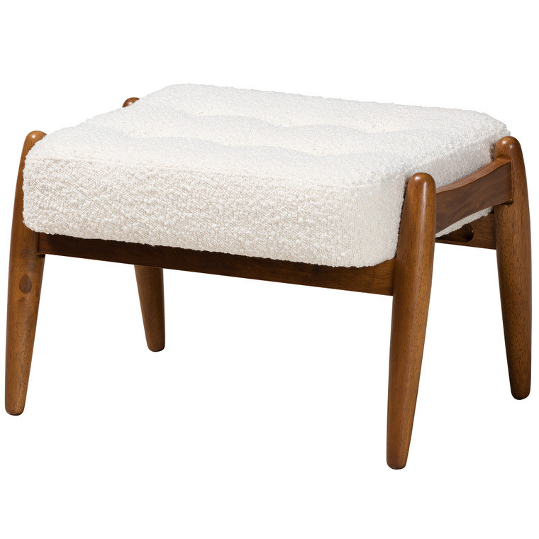 Enreval Japandi Boucle Fabric and Finished Rubberwood Ottoman Footstool | White/Walnut Brown
