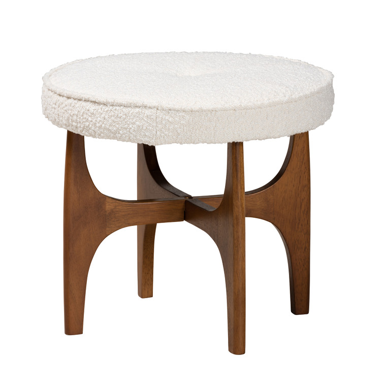Othec Japandi Boucle Fabric and Finished Rubberwood Ottoman Footstool | White/Walnut Brown