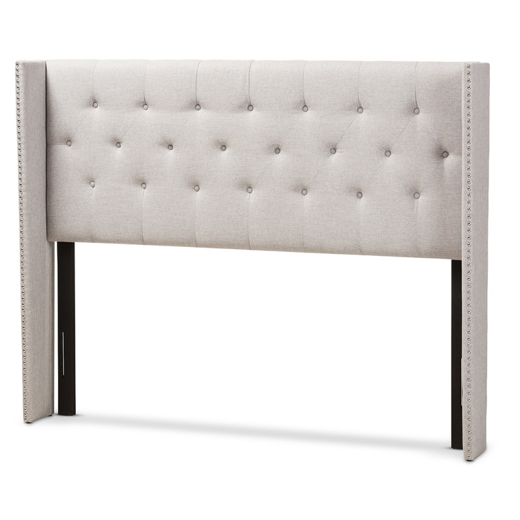 Cremona Todern And Contemporary Fabric Button-Tufted Nail head Winged Headboard | Greyish Beige