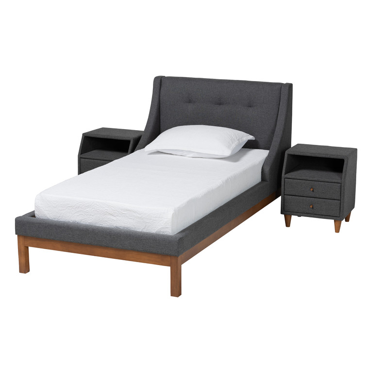 Louve Mid-Century Modern Transitional Fabric Upholstered 3-Piece Bedroom Set | Stellan Grey/Walnut Brown