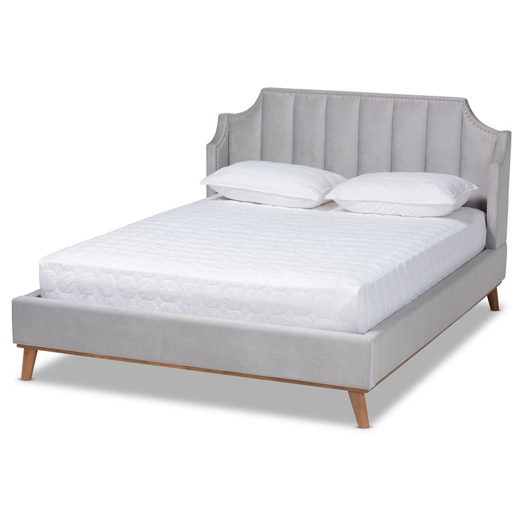 Paloma Todern Glam Velvet Fabric Upholstered Wingback Platform Bed  | Light Grey/Walnut