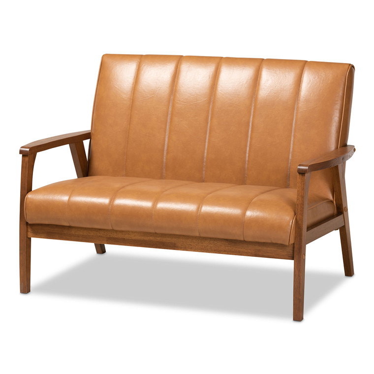 Nikkoa Mid-century Todern Faux Leather Upholstered Loveseat | Tan/walnut brown