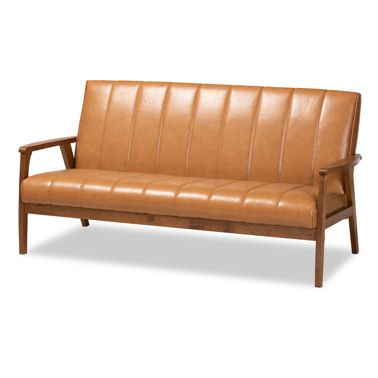 Nikkoa Mid-century Todern Faux Leather Upholstered Sofa | Tan/walnut brown