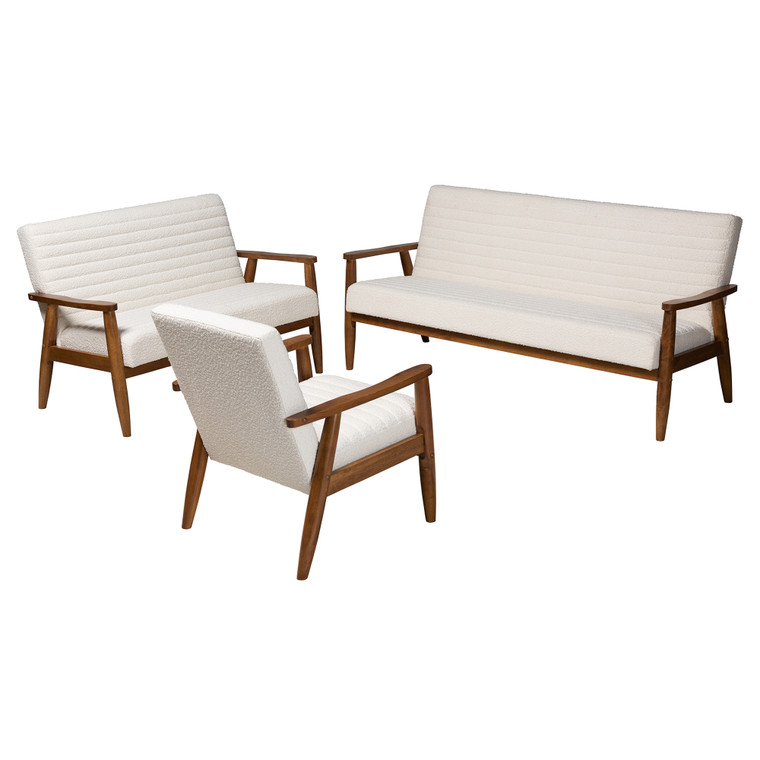 Ttonstra Mid-Century Modern Boucle Fabric 3-Piece Living Room Set | White/Walnut Brown