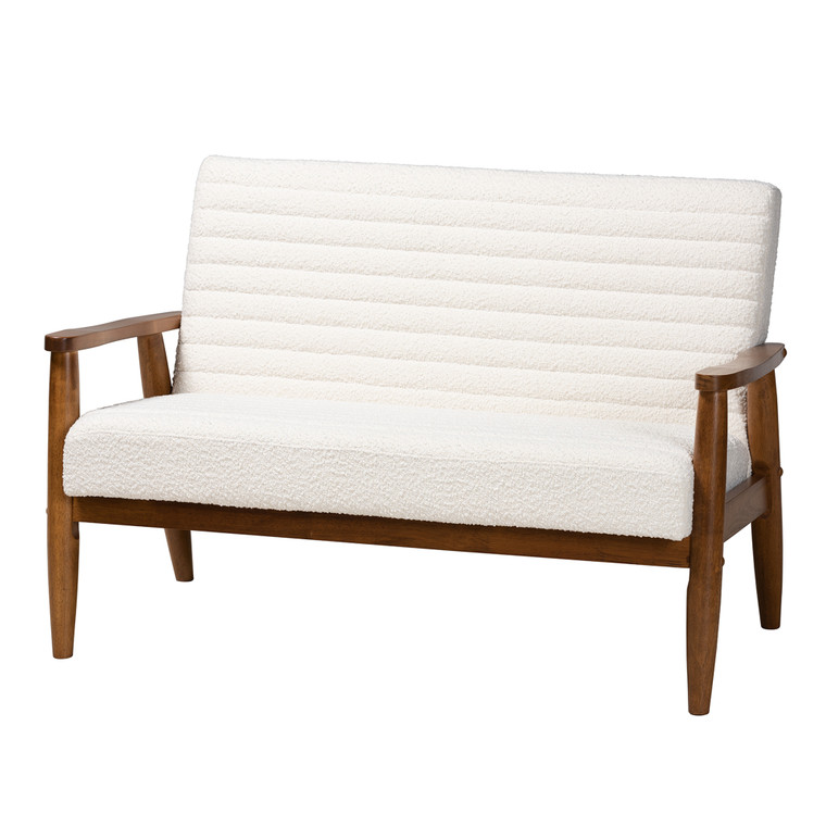 Ttonstra Mid-Century Modern Boucle Fabric Loveseat | White/Walnut Brown