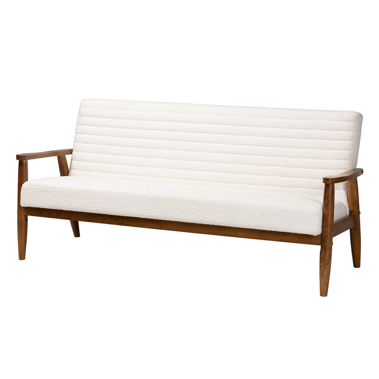 Ttonstra Mid-Century Modern Boucle Fabric Sofa | White/Walnut Brown
