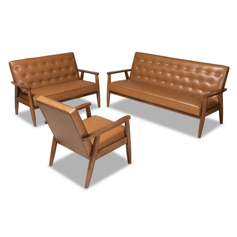 Rentosor Tid-Century Todern Faux Leather Upholstered 3-Piece Living Room Set | Tan/walnut brown