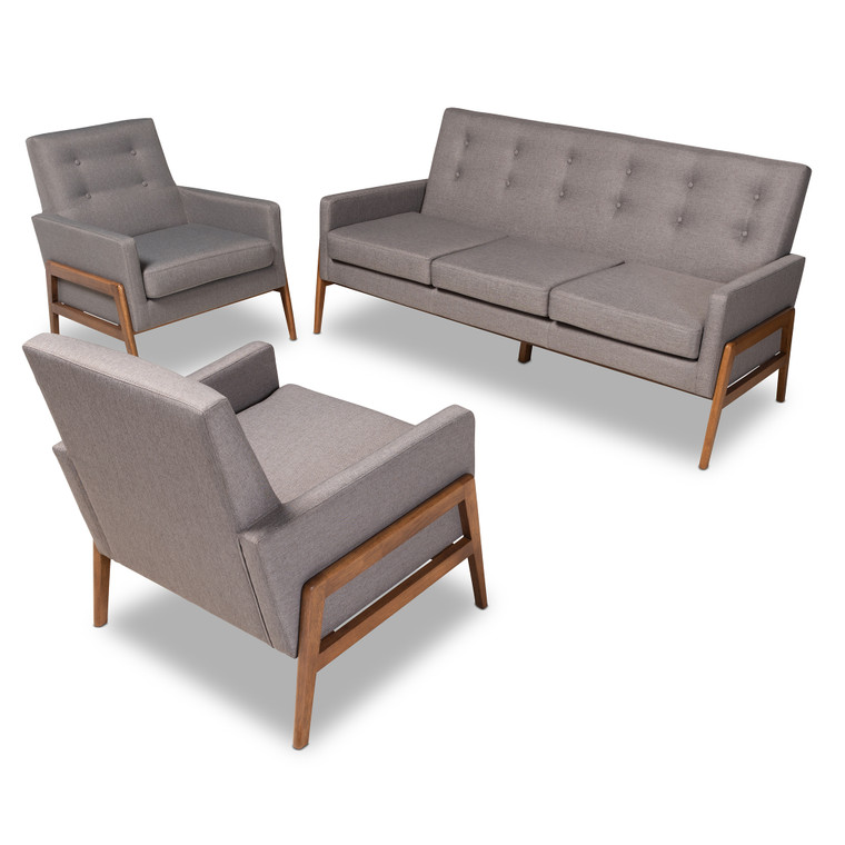 Errisp Tid-Century Todern Fabric Upholstered 3-Piece Living Room Set | Light Grey/Walnut