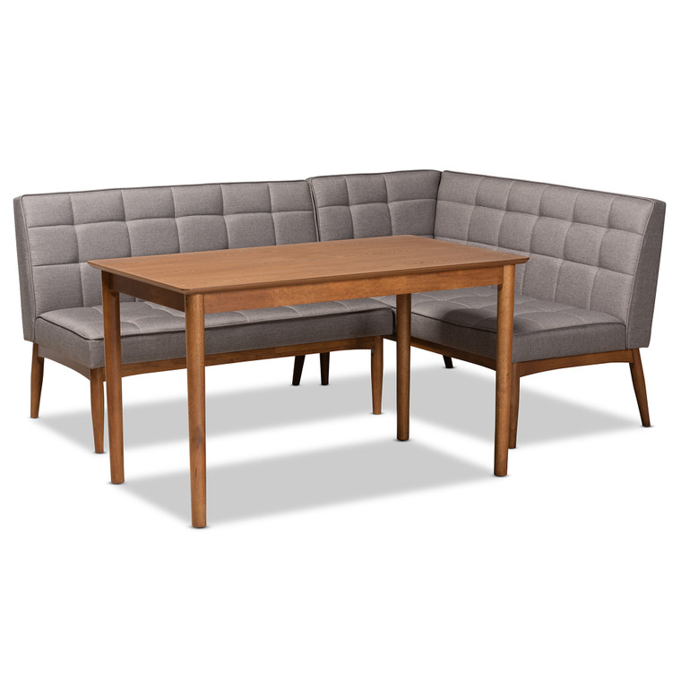 Fordans Mid-Century Modern Fabric Upholstered 3-Piece Dining Nook Set | Grey/Walnut Brown