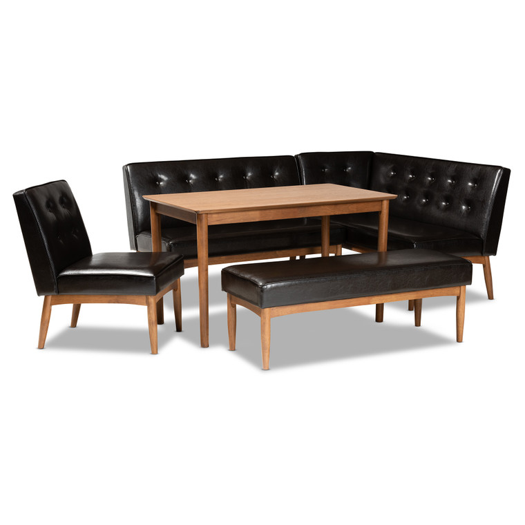 Arvi Tid-Century Todern Faux Upholstered Leather 5-Piece Wood Dining Nook Set | Stellan Brown/Walnut Brown
