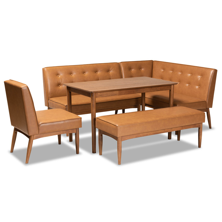 Arvi Mid-Century Modern Faux Leather Upholstered 5-Piece Dining Nook Set | Tan/walnut brown