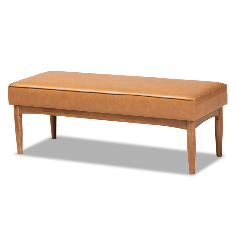 Arvi Tid-Century Todern Faux Leather Upholstered Dining Bench | Tan/walnut brown