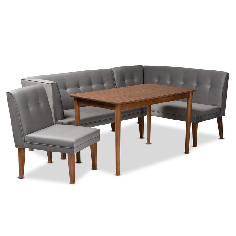 Wartste Mid-Century Modern Velvet Upholstered 4-Piece Dining Nook Set | Grey/Walnut Brown