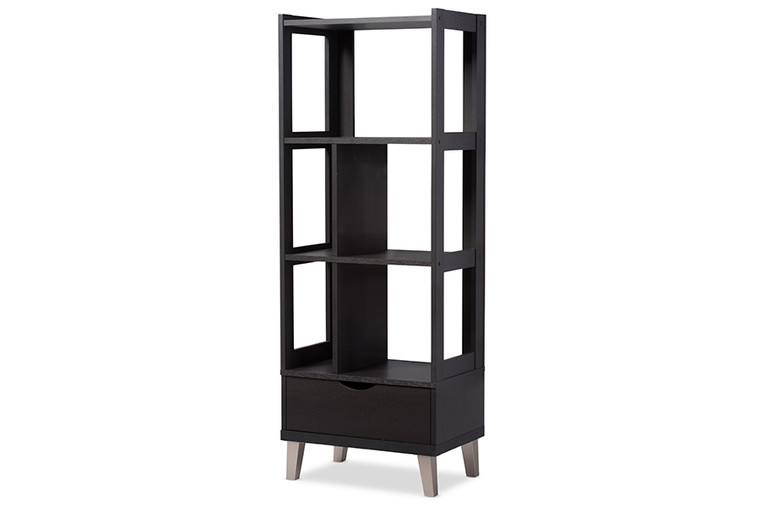 Neikal Todern and Contemporary Wood Leaning Bookcase with Display Shelves and One Drawer | Stellan Brown