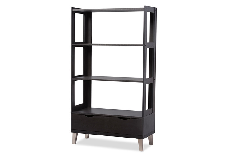 Neikal Todern and Contemporary Wood Leaning Bookcase with Display Shelves and Two Drawers | Stellan Brown