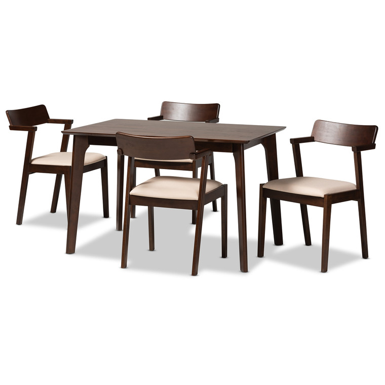 Latham Mid-Century Modern Transitional Fabric 5-Piece Dining Set | Cream/Stellan Brown