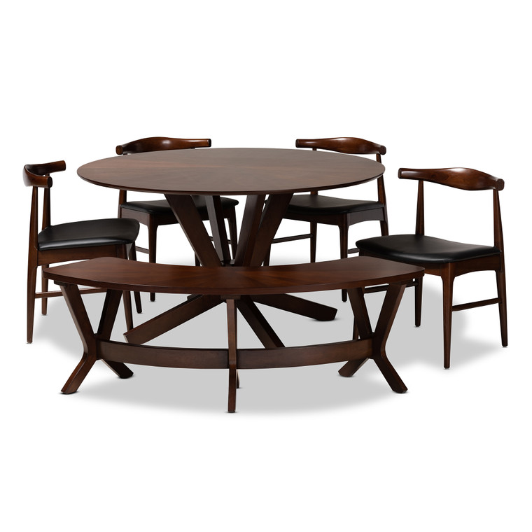 Norville Tid-Century Todern Faux Leather Upholstered 6-Piece Wood Dining Set | Black/Walnut