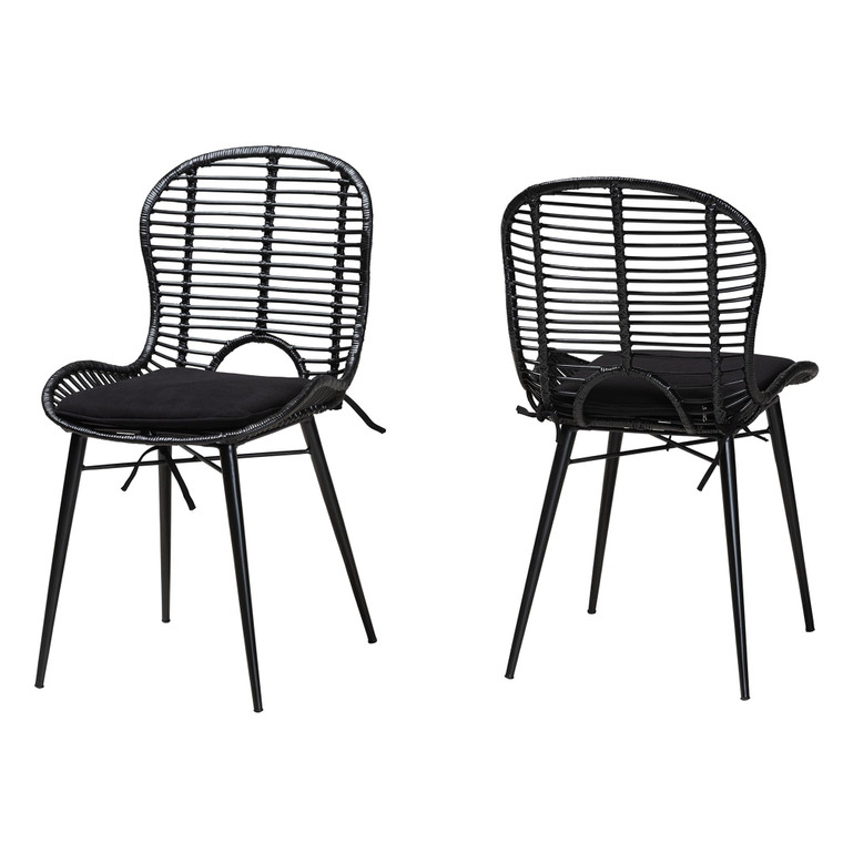 Verwood Todern Bohemian Finished Rattan and Metal 2-Piece Dining Chair Set | Black