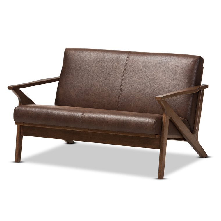Whitby Tid-Century Todern Distressed Faux Leather 2-Seater Loveseat | Stellan Brown/"Walnut" Brown