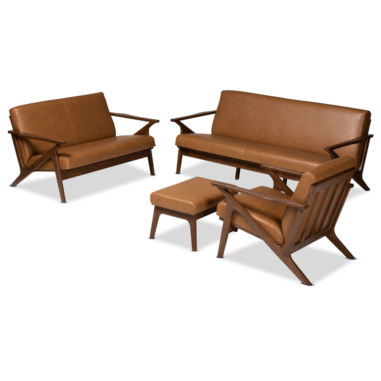 Whitby Mid-Century Modern and Faux Leather Effect 4-Piece Living Room Set | Tan/Walnut Brown