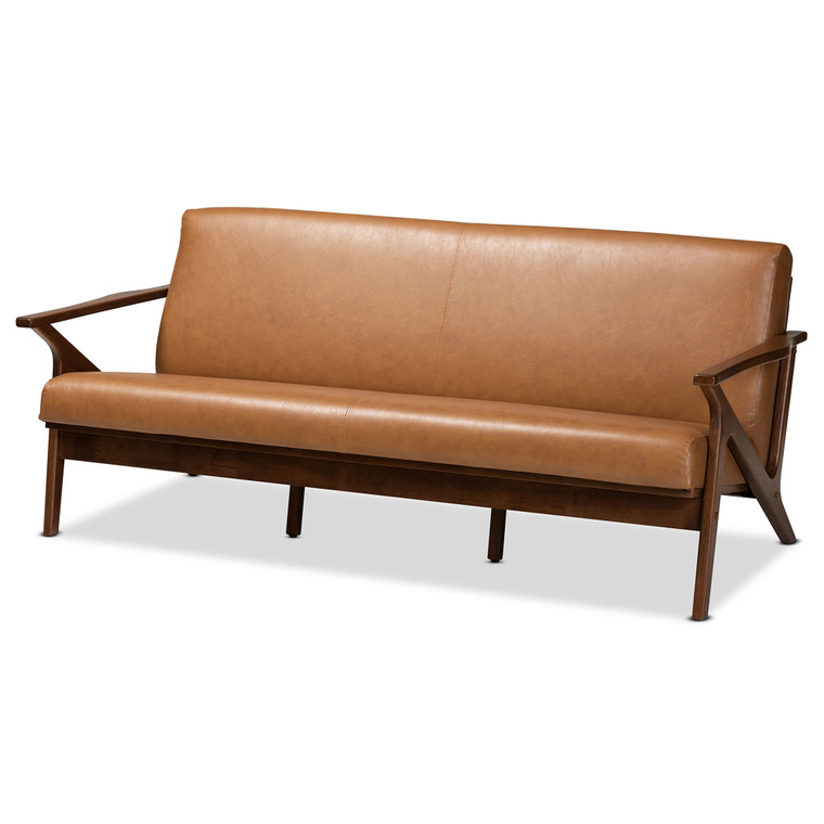 Whitby Tid-Century Todern and Faux Leather Effect Sofa | Tan/Walnut Brown