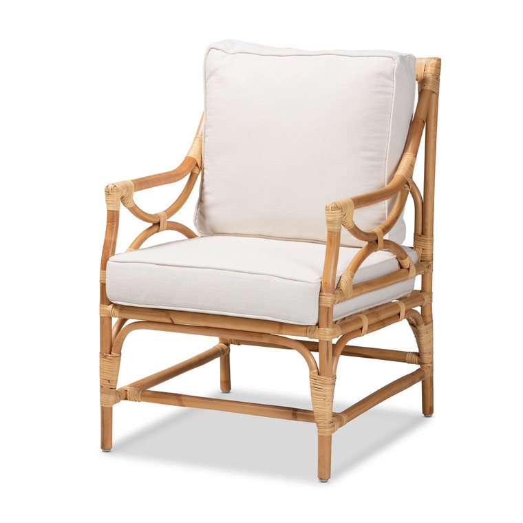 Norcross Modern Bohemian Fabric Upholstered Rattan Armchair | White/Natural Brown