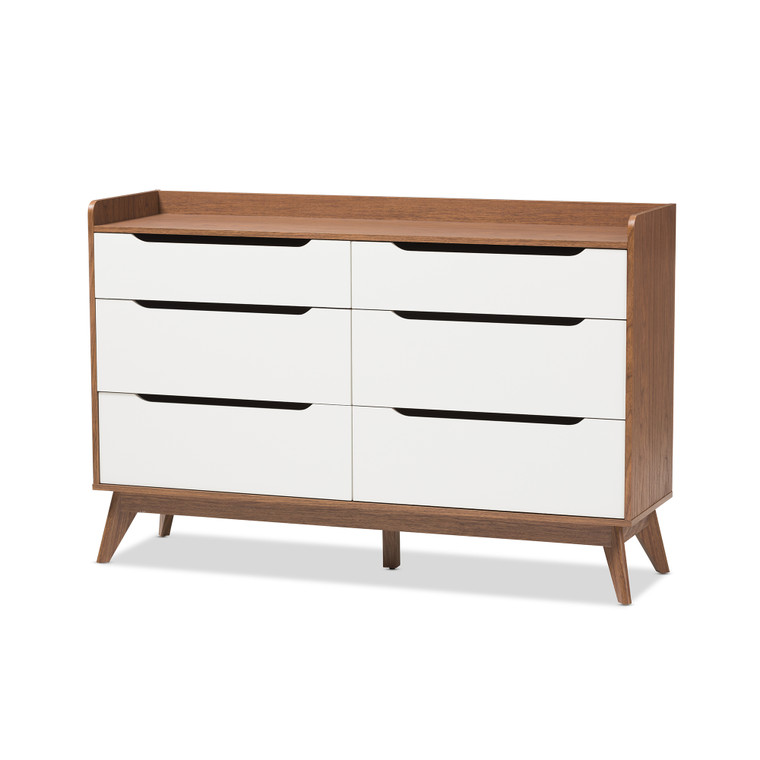 Yarwood Tid-Century Todern and 6-Drawer Storage Dresser | White/"Walnut" Brown