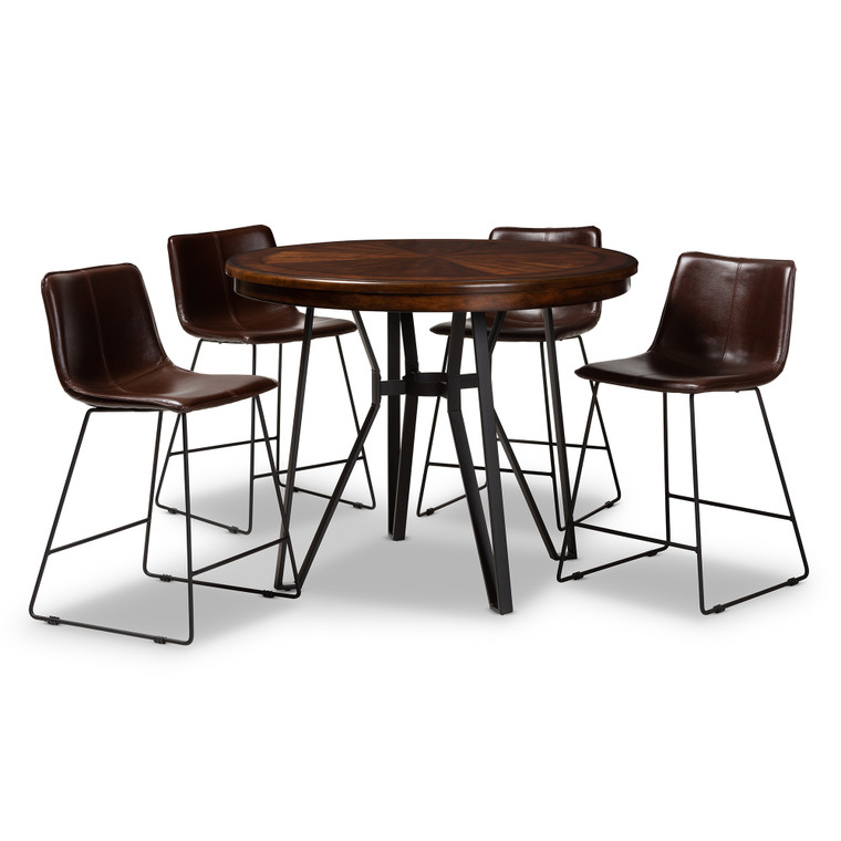 Llevrac Rustic and Industrial Faux Leather Upholstered 5-Piece Pub Set | Table: Cherry Brown/Black; Stools: Stellan Brown/Black