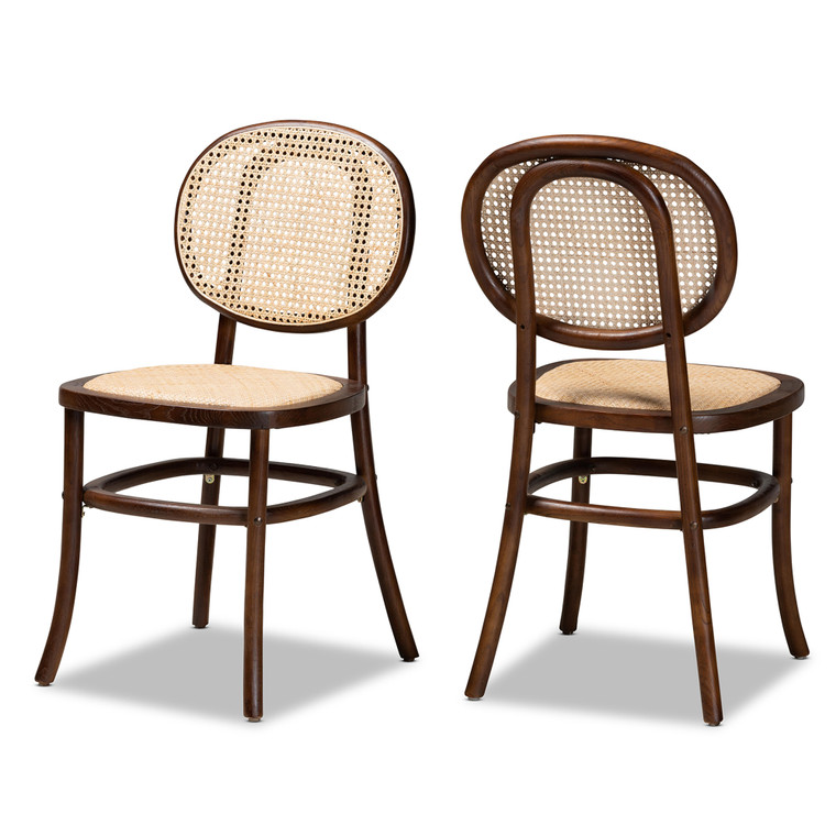 Adrian Tid-Century Todern Woven Rattan and Wood 2-Piece Cane Dining Chair Set | Beige/Walnut Brown