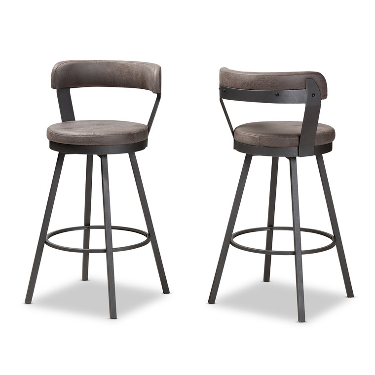 Quincy Rustic and Industrial Antique Fabric 2-Piece Swivel Bar Stool Set | Grey/Black