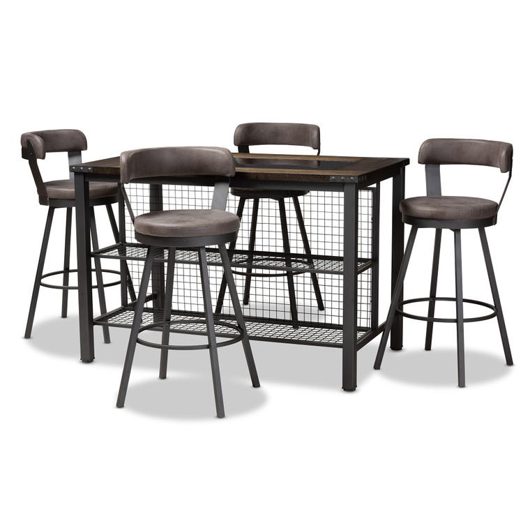 Quincy Rustic and Industrial Antique Fabric Upholstered 5-Piece Pub Set | Table: Walnut Brown/Grey; Stool: Grey