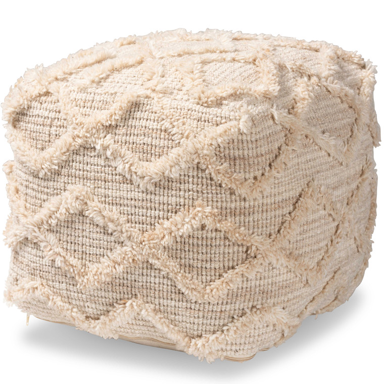 Carilin Todern and Contemporary Moroccan Inspired Handwoven Wool Blend Pouf Ottoman | Ivory