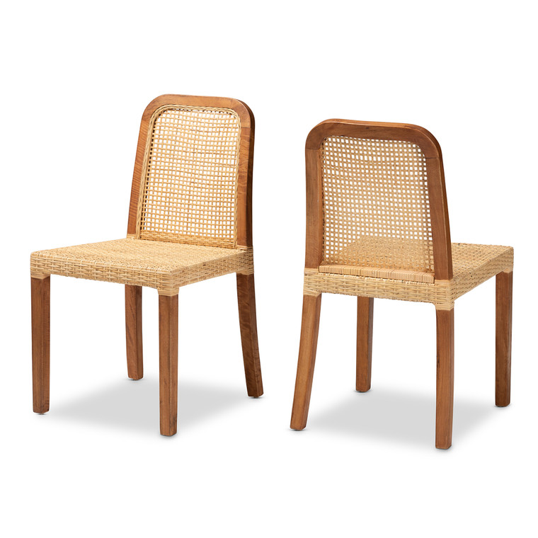 Vianca Tid-Century Todern Mahogany Wood Rattan 2-Piece Dining Chair Set | Natural Brown/Walnut Brown