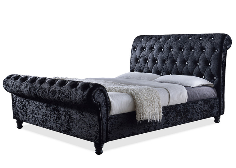 Brio Velvet Upholstered Faux Crystal-Buttoned Sleigh King Platform Bed | Black