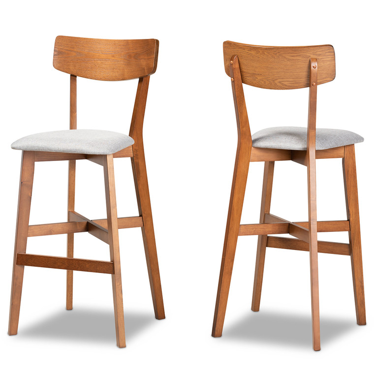 Roncame Todern and Contemporary Transitional Fabric Upholstered 2-Piece Bar Stool Set | Grey/Walnut Brown
