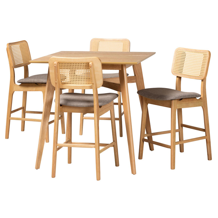 Nondan Mid-Century Modern Fabric and 5-Piece Pub Set | Grey/Natural Oak/Light Brown