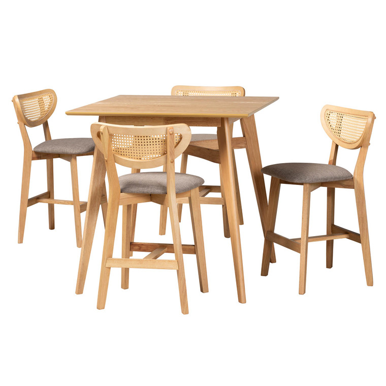 Nelldan Mid-Century Modern Fabric and 5-Piece Pub Set | Grey/Natural Oak/Light Brown