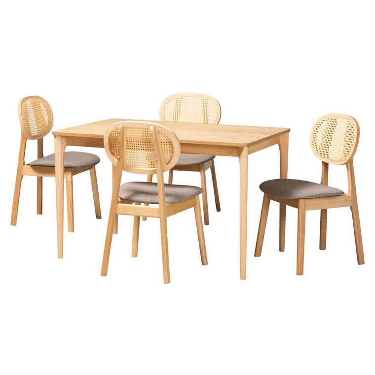 Waverly Mid-Century Modern Fabric and 5-Piece Dining Set | Grey/Natural Oak/Light Brown