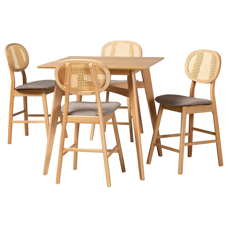 Waverly Mid-Century Modern Fabric and 5-Piece Pub Set | Grey/Natural Oak/Light Brown