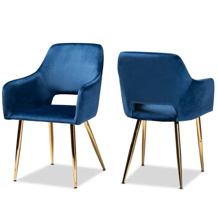 Byron Glam and Luxe Velvet Fabric Upholstered 2-Piece Metal Dining Chair Set | Navy Blue/Gold