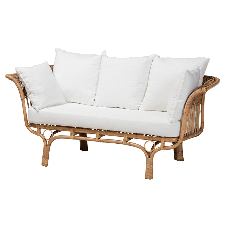 Rattan Modern Bohemian Rattan Sofa With Cushion | White/Natural Brown