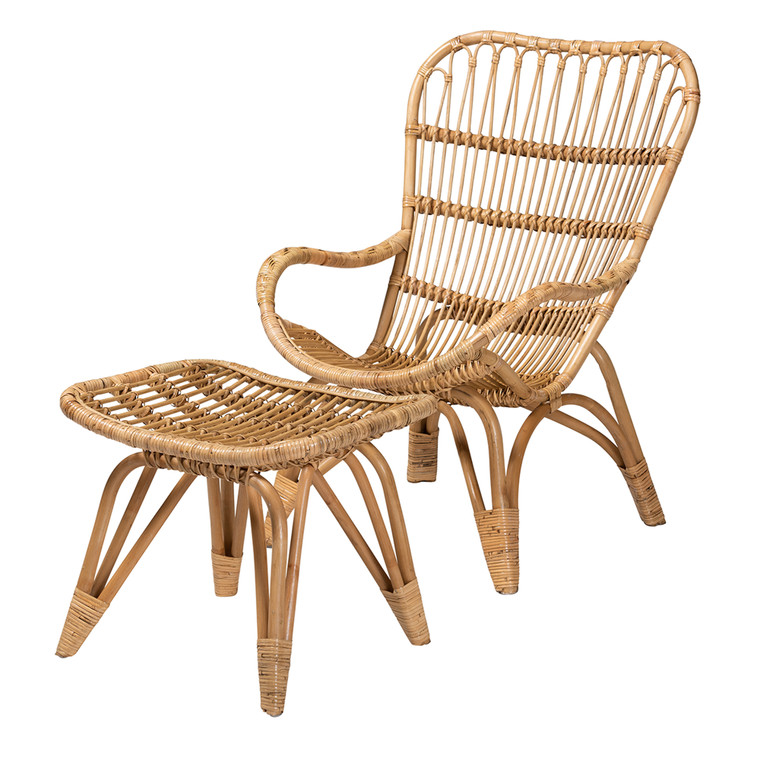 Vinrea Modern Bohemian Rattan 2-Piece Armchair and Footstool Set | Natural Brown