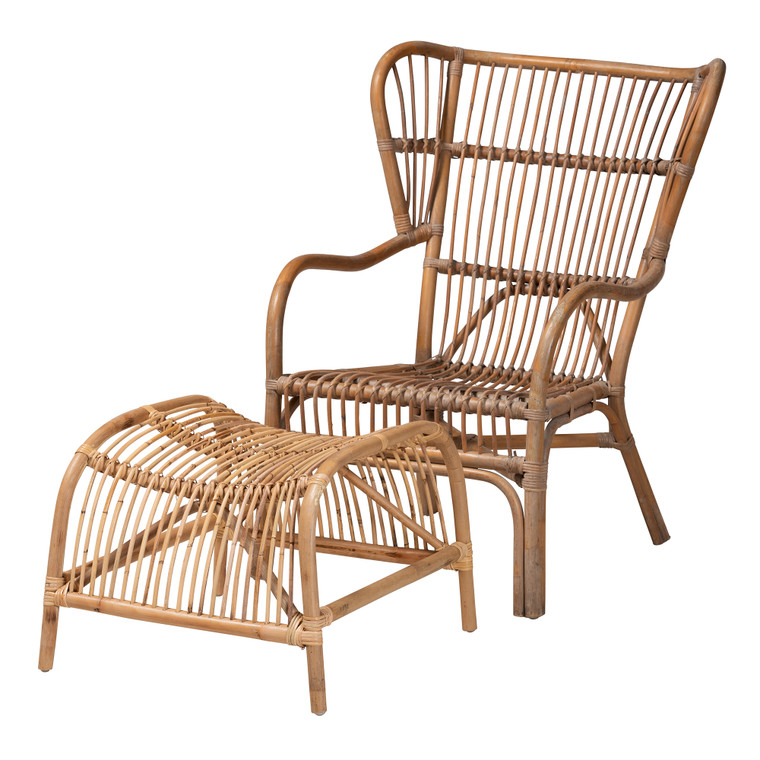 Sean Todern Bohmenian Antique Rattan 2-Piece Chair and Footstool Set | Natural Brown