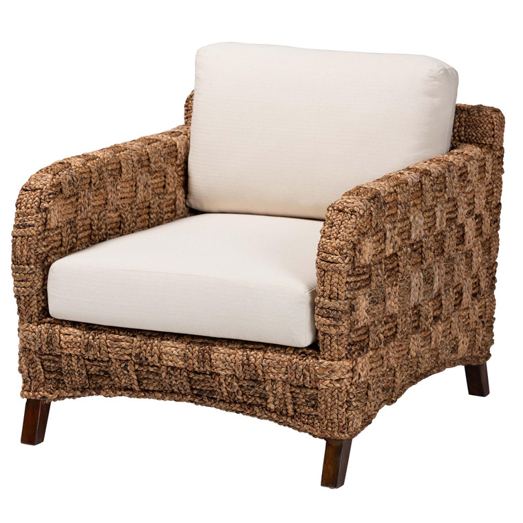 Inavev Modern Bohemian Mahogany Wood and Woven Seagrass Arm Chair | White/Natural Brown/Stellan Brown